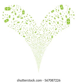 Banknote fireworks stream. Vector illustration style is flat eco green iconic symbols on a white background. Object double fountain organized from random pictograms.