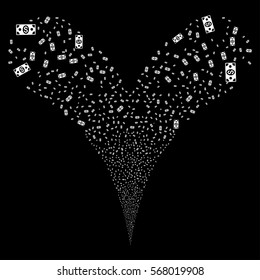 Banknote fireworks stream. Vector illustration style is flat white iconic symbols on a black background. Object double fountain made from random icons.