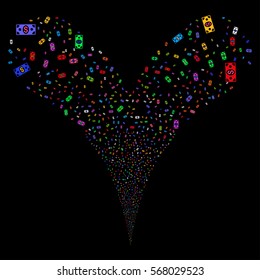 Banknote fireworks stream. Vector illustration style is flat bright multicolored iconic symbols on a black background. Object double fountain made from random pictograms.