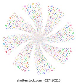 Banknote fireworks swirl rotation. Vector illustration style is flat bright multicolored iconic symbols on a white background. Object twirl constructed from random pictographs.
