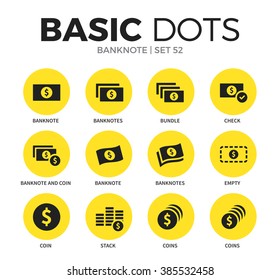 Banknote flat icons set with banknote form, coins form and check icon isolated vector illustration on white