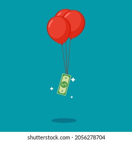 Los billetes flotan con globos. ilustración vectorial de concepto de dinero flotante