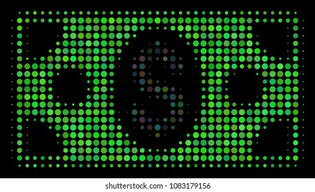 Banknote halftone vector icon. Illustration style is pixel iconic banknote symbol on a black background. Halftone structure is constructed with circle elements.
