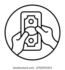 Ícone da linha fina da nota à mão, conceito financeiro. Gráficos vetoriais. Mão com fatura, dinheiro bolha sinal no fundo branco, ícone de estilo de contorno para design móvel ou web