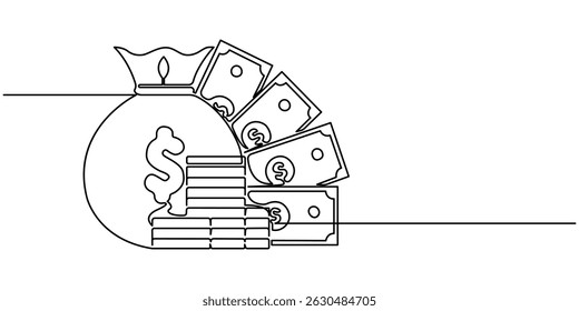 The banknote has a US dollar symbol in the middle line art vector business illustration with transparent background editable stroke. Simple continuous line design of stacks of money and coins.