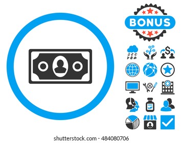 Banknote icon with bonus images. Vector illustration style is flat iconic bicolor symbols, blue and gray colors, white background.