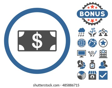 Banknote icon with bonus pictures. Vector illustration style is flat iconic bicolor symbols, cobalt and gray colors, white background.