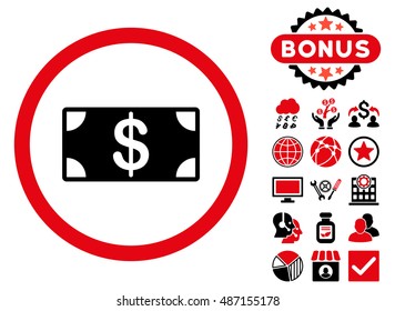 Banknote icon with bonus pictures. Vector illustration style is flat iconic bicolor symbols, intensive red and black colors, white background.