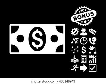 Banknote icon with bonus pictures. Vector illustration style is flat iconic symbols, white color, black background.