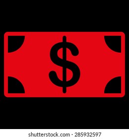 Banknote icon from Business Bicolor Set. This flat vector symbol uses red color, rounded angles, and isolated on a black background.