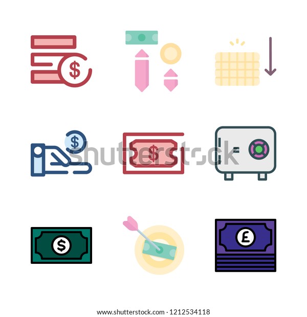 banknote icon set. vector set about money, safebox\
id and dollar icons\
set.