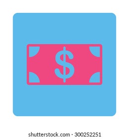Banknote icon. This flat rounded square button uses pink and blue colors and isolated on a white background.