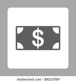 Banknote icon. This flat rounded square button uses dark gray and white colors and isolated on a silver background.