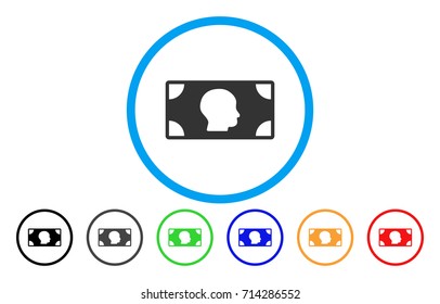 Banknote icon. Vector illustration style is a flat iconic banknote gray rounded symbol inside light blue circle with black, gray, green, blue, red, orange color additional versions.