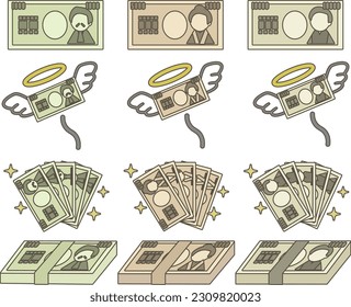 Banknote illustrations of 1,000 yen bills, 5,000 yen bills, and 10,000 yen bills