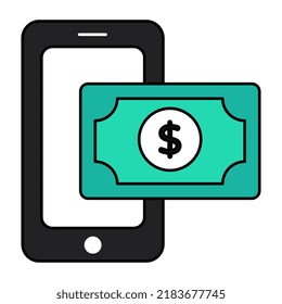 Banknote inside smartphone, icon of mobile money