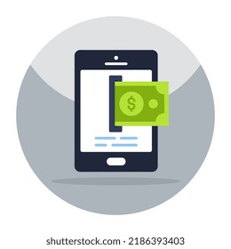 Billete dentro del smartphone, icono de la banca móvil