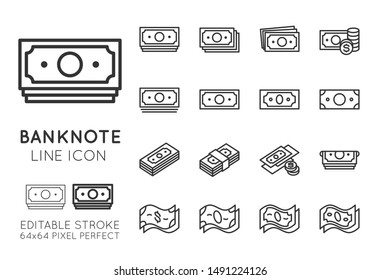 Banknote line icon set. Pile of paper money. USA dollar as symbol of wealth. Pixel perfect editable stroke. Collection of waving banknotes. Linear vector illustration isolated on white background.