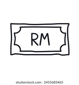 Banknote Malaysian ringgit logo icon sign Money rm emblem Hand drawn ink sketch Doodle cartoon game style design Fashion print for clothes apparel greeting invitation card banner poster flyer cover ad