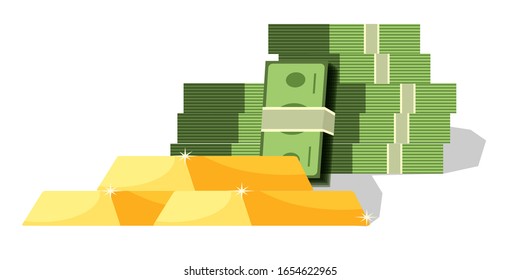 Pila de dinero en billetes y barra de oro brillante aislada en fondo blanco. Capital, economía y finanzas. Prosperidad, riqueza y tesoro personal. Banco y coleccionista. Ilustración del vector
