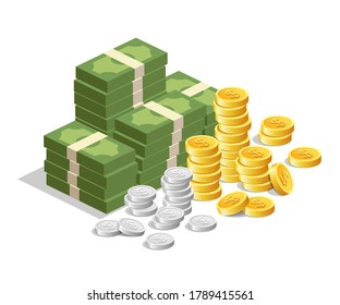Banknotengeld mit Goldmünzen und Silbermünzen, Vektordesign einzeln auf weißem Hintergrund, Illustration