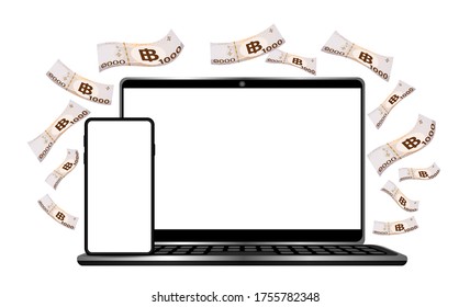 banknote money thai 1000 baht flying, smartphone screen and notebook computer blank, banknote money THB falling and mobile phone laptop, bank note paper money thai for online shopping concept, vector
