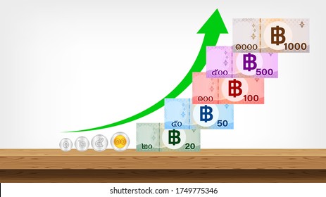 banknote money thai baht, arrow pointing up, savings money and success growth concept, currency 1000, 500, 100, 50, 20 and coin THB, money thailand baht and arrow progress for business finance, vector