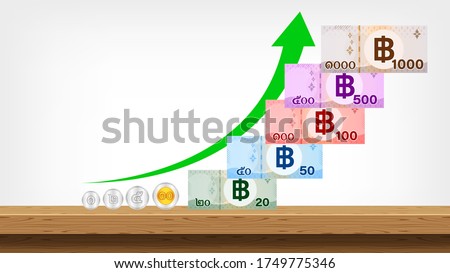 banknote money thai baht, arrow pointing up, savings money and success growth concept, currency 1000, 500, 100, 50, 20 and coin THB, money thailand baht and arrow progress for business finance, vector
