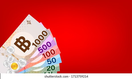 banknote money thai baht on red background, thai currency THB for background, money thailand baht flat style in top view, paper money and space for banner, illustration bank note and copy space text