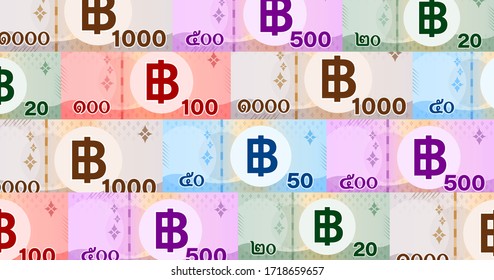 banknote money thai baht pattern for background, money 1000, 500, 100, 50, 20 baht flat style in top view, thai currency THB for wallpaper, paper money for banner background, business finance concept