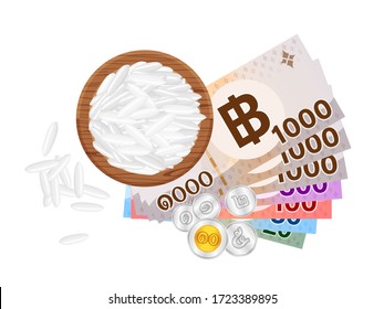 banknote money thai baht and rice seed in circle wood plate, thai currency THB and jasmine rice seed, bank note money baht and white rice in top view, pile of rice and money isolated on white, vector