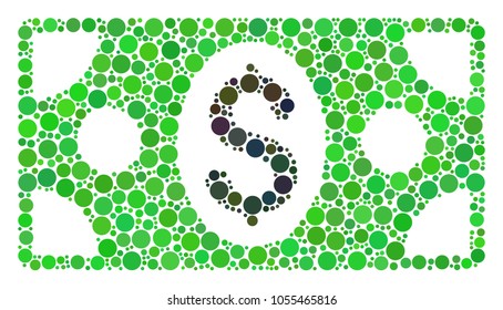 Banknote mosaic of dots in different sizes and color shades. Circle dots are composed into banknote vector mosaic. Vector design concept.