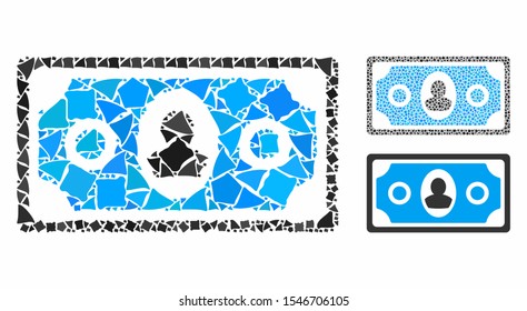 Banknote mosaic of rugged pieces in different sizes and color hues, based on banknote icon. Vector irregular pieces are combined into composition. Banknote icons collage with dotted pattern.