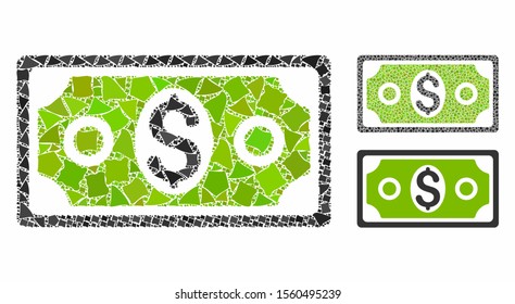 Banknote mosaic of unequal pieces in variable sizes and color tones, based on banknote icon. Vector unequal parts are organized into collage. Banknote icons collage with dotted pattern.