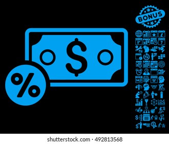 Banknote Percent pictograph with bonus calendar and time management pictograph collection. Vector illustration style is flat iconic symbols, blue color, black background.