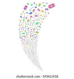 Banknote random fireworks stream. Vector illustration style is flat bright multicolored iconic symbols on a white background. Object fountain combined from scattered design elements.