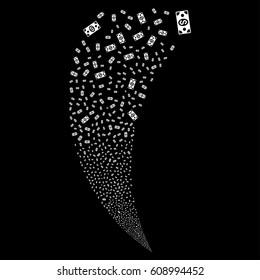 Banknote random fireworks stream. Vector illustration style is flat white iconic symbols on a black background. Object fountain constructed from scattered design elements.