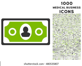 Banknote vector bicolor icon with 1000 medical business icons. Set style is flat pictograms, eco green and gray colors, white background.