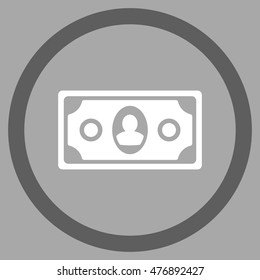 Banknote vector bicolor rounded icon. Image style is a flat icon symbol inside a circle, dark gray and white colors, silver background.