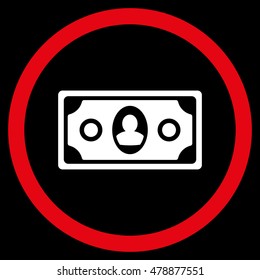 Banknote vector bicolor rounded icon. Image style is a flat icon symbol inside a circle, red and white colors, black background.