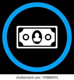 Banknote vector bicolor rounded icon. Image style is a flat icon symbol inside a circle, blue and white colors, black background.