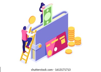 Banknote vector illustration. Wallet in flat tiny persons concept. Women's savings purse, successful credit. Cartoon bills in the office. Golden earnings holding currency metallic cash. Man with coins