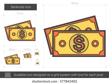 Icono de línea vectorial de billetes aislado en fondo blanco. Icono de línea de billetes para infografía, sitio web o aplicación. Icono escalable diseñado en un sistema de cuadrícula.