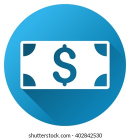 Banknote vector toolbar icon for software design. Style is a white symbol on a round blue circle with gradient shadow.