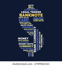 Banknoten Word Cloud, Dollar Zeichen Geld Währung Tag Cloud. Finance Banking Typografy Vector