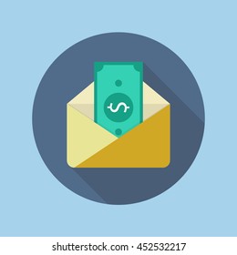 Banknote in yellow paper envelope. Flat icon with long shadow
