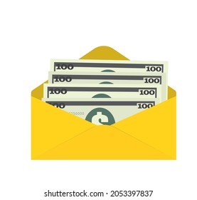 Banknotes of 100 dollars in a yellow envelope. Isolated on a white background