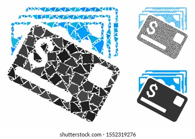 Banknotes and card composition of unequal pieces in variable sizes and color tones, based on banknotes and card icon. Vector trembly pieces are grouped into composition.