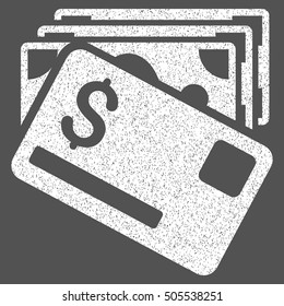 Banknotes and Card grainy textured icon for overlay watermark stamps. Flat symbol with scratched texture. Dotted vector white ink rubber seal stamp with grunge design on a gray background.
