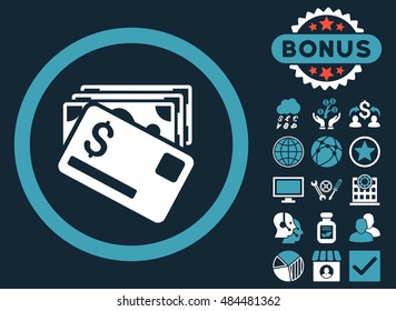 Banknotes and Card icon with bonus elements. Vector illustration style is flat iconic bicolor symbols, blue and white colors, dark blue background.